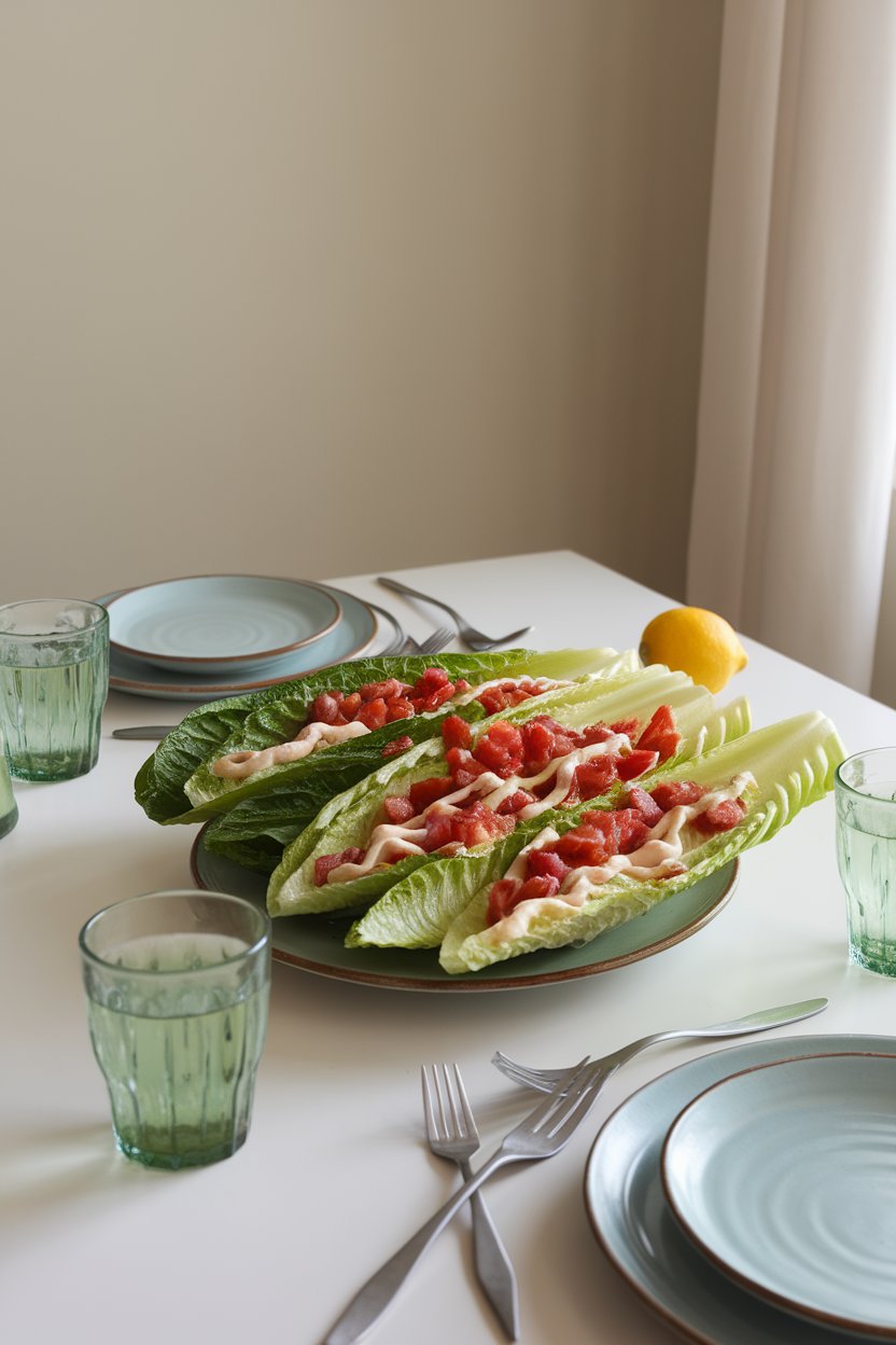 An indoor dining table lined with romaine leaves filled with chopped bacon, diced tomato, and a drizzle of mayo; no logos or text.