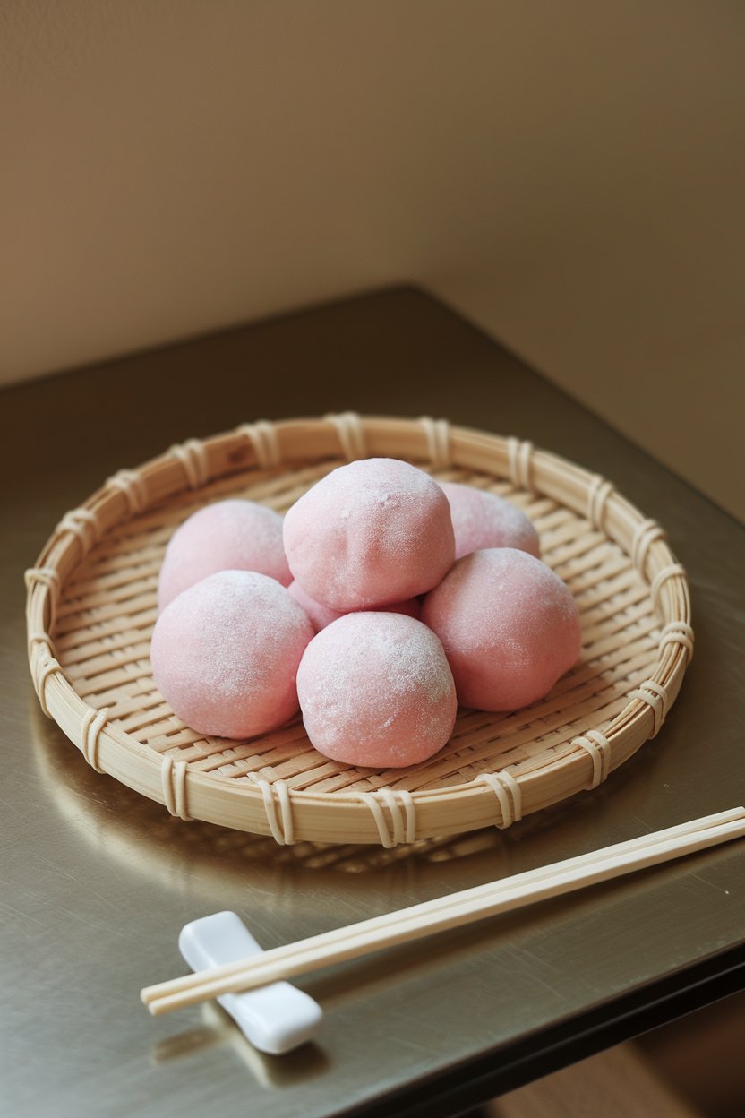 Soft pink mochi rounds dusted lightly with cornstarch, placed on a bamboo tray atop an indoor table. No branding or text in scene.