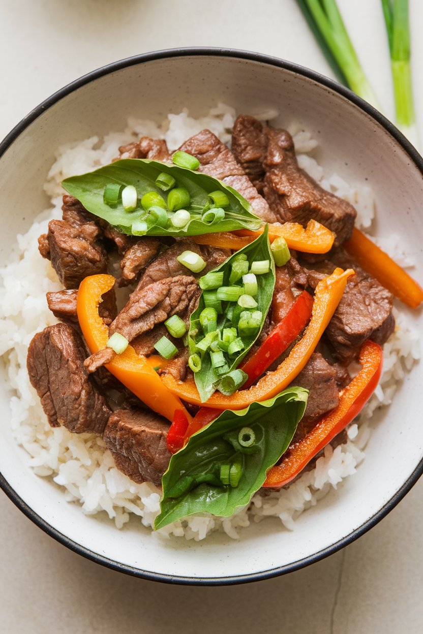 Indoor photo of beef stir-fry with vibrant Thai basil leaves, bell pepper strips, served over rice in a bowl, no text or logos