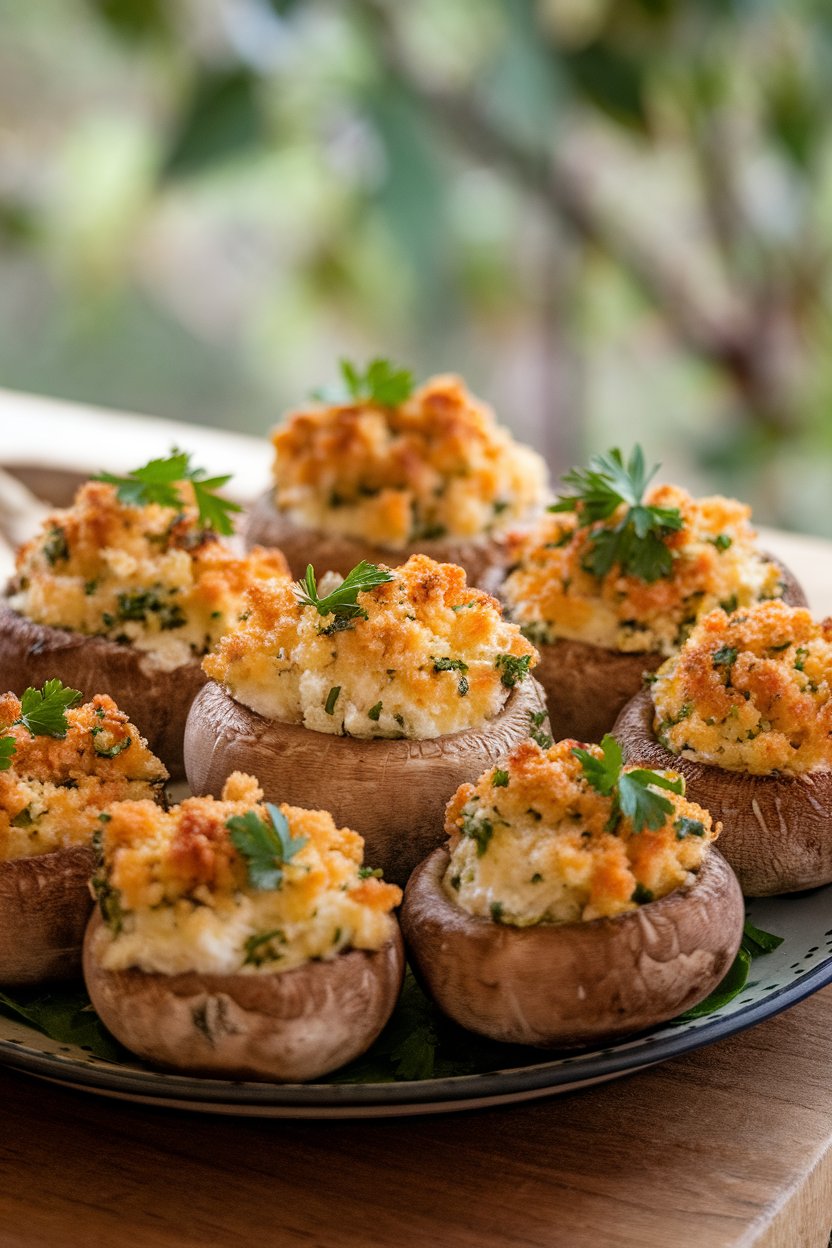 Photo of baked stuffed cremini mushrooms filled with herbed cheese and breadcrumbs on a platter indoors, no text or logos
