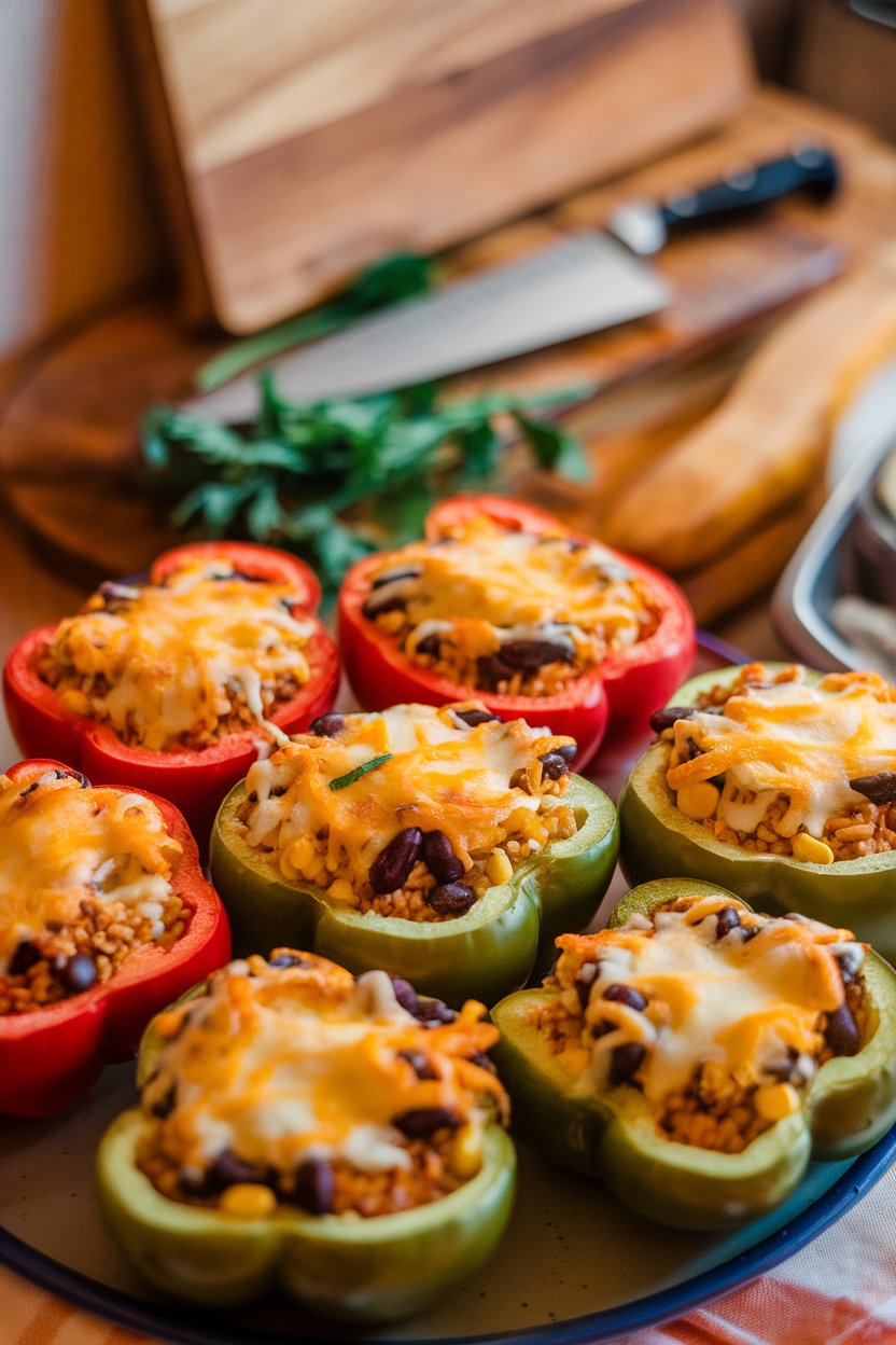 Indoor photo of halved bell peppers filled with rice, black beans, corn, and cheese, baked until bubbly, no text or logos