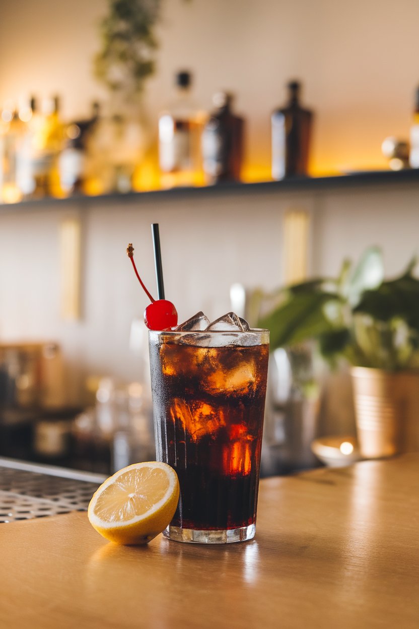 Indoor bar scene with a tall glass of dark cola, ice cubes, and maraschino cherry on pick; photo, no logos.