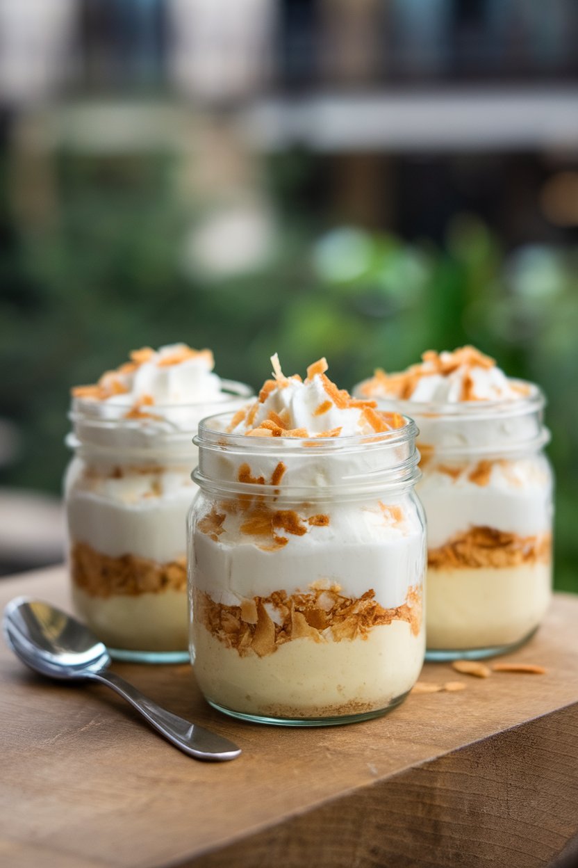 Small indoor jars layered with coconut custard, whipped cream, and toasted coconut flakes. No text or logos; photo, not illustration.