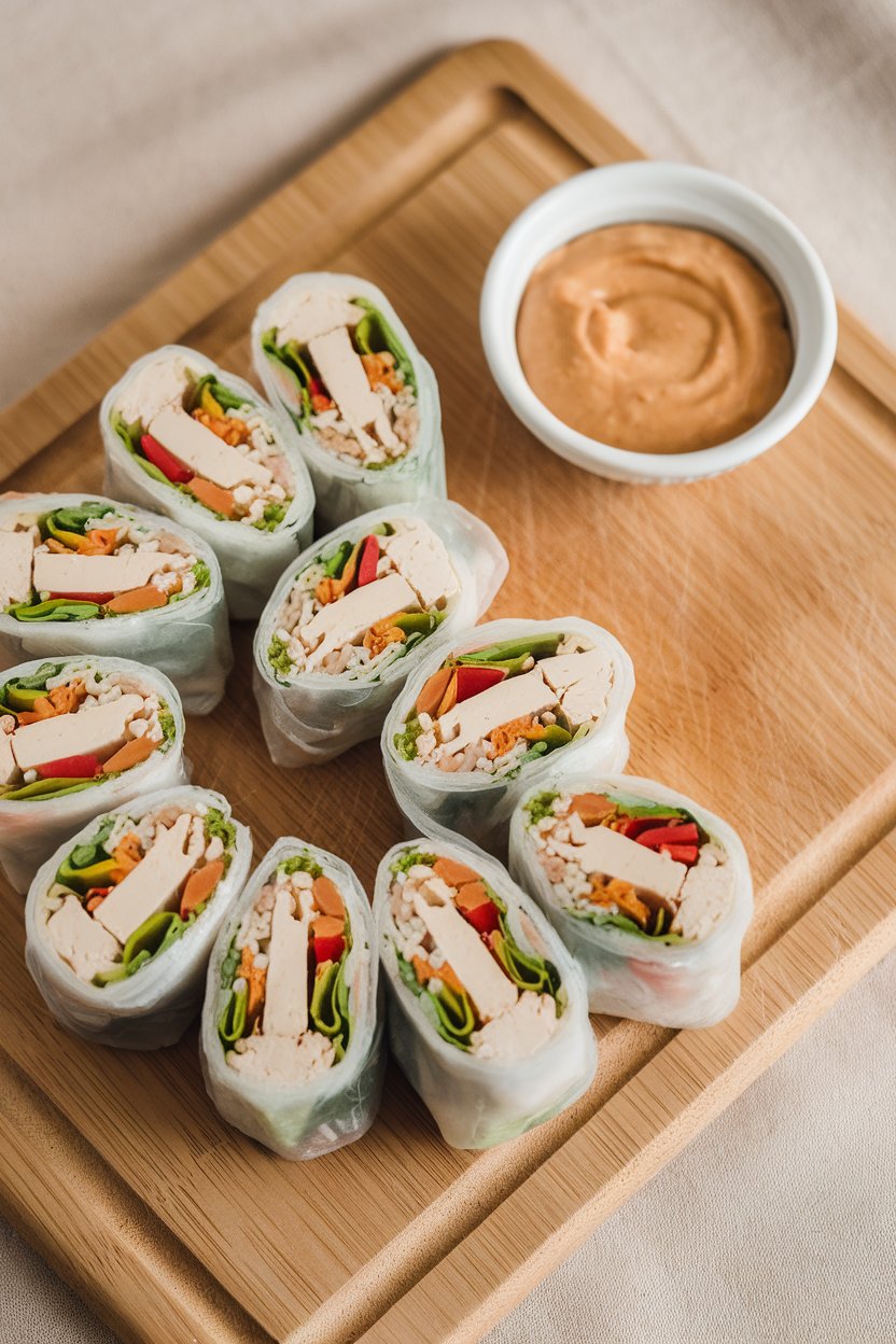 Photo prompt: Indoor cutting board holding sliced rice-wrapper spring rolls packed with colorful vegetables and tofu, small bowl of peanut sauce alongside. No logos or text. Photo, not illustration.