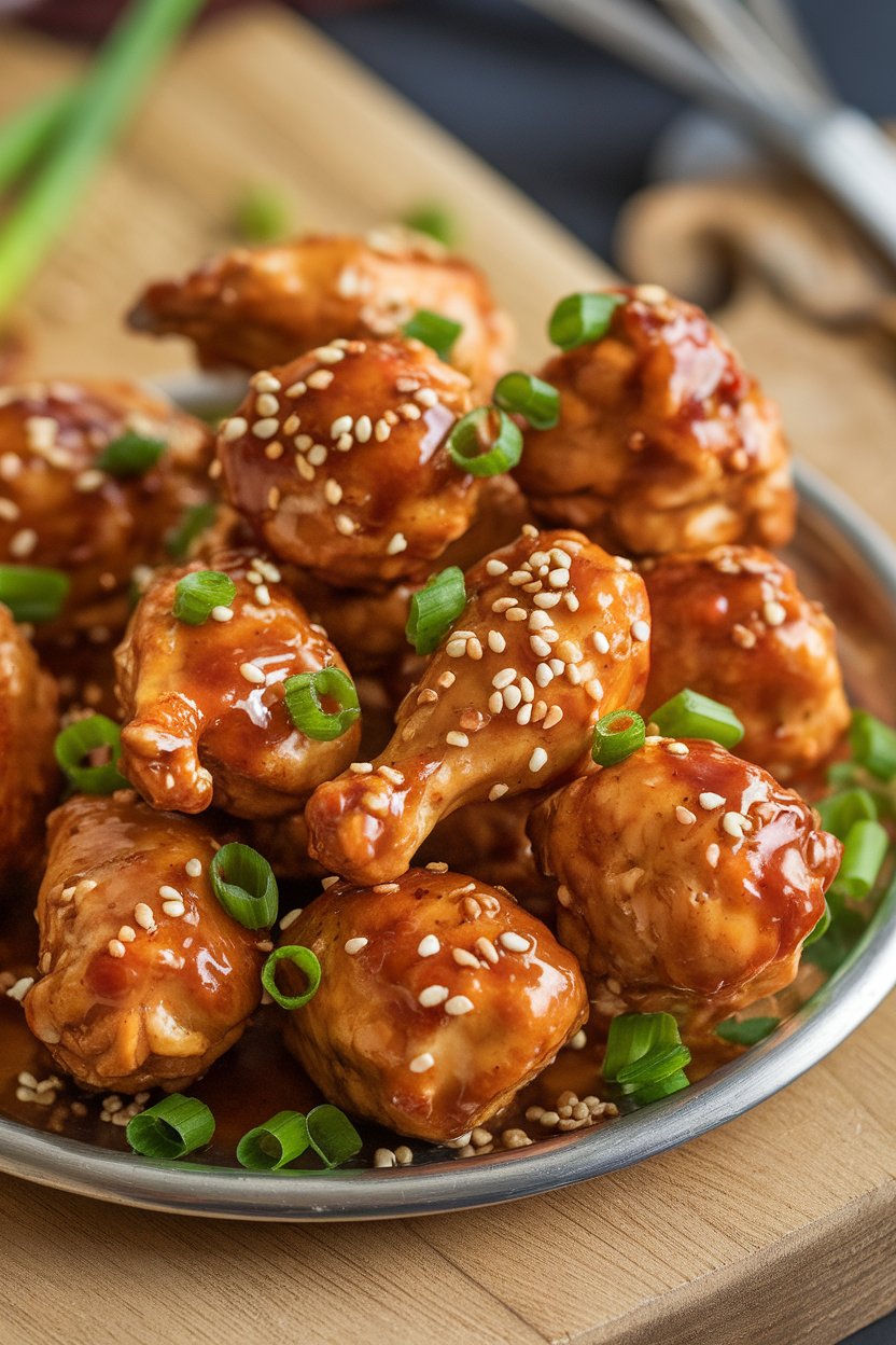 Indoor photo of glazed teriyaki chicken drumettes piled on a platter, sprinkled with sesame seeds; no text or logos