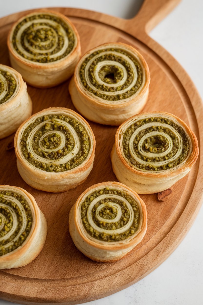 An indoor pastry board with puff-pastry pinwheels showing green pistachio pesto spirals, lightly golden edges. No logos or text.