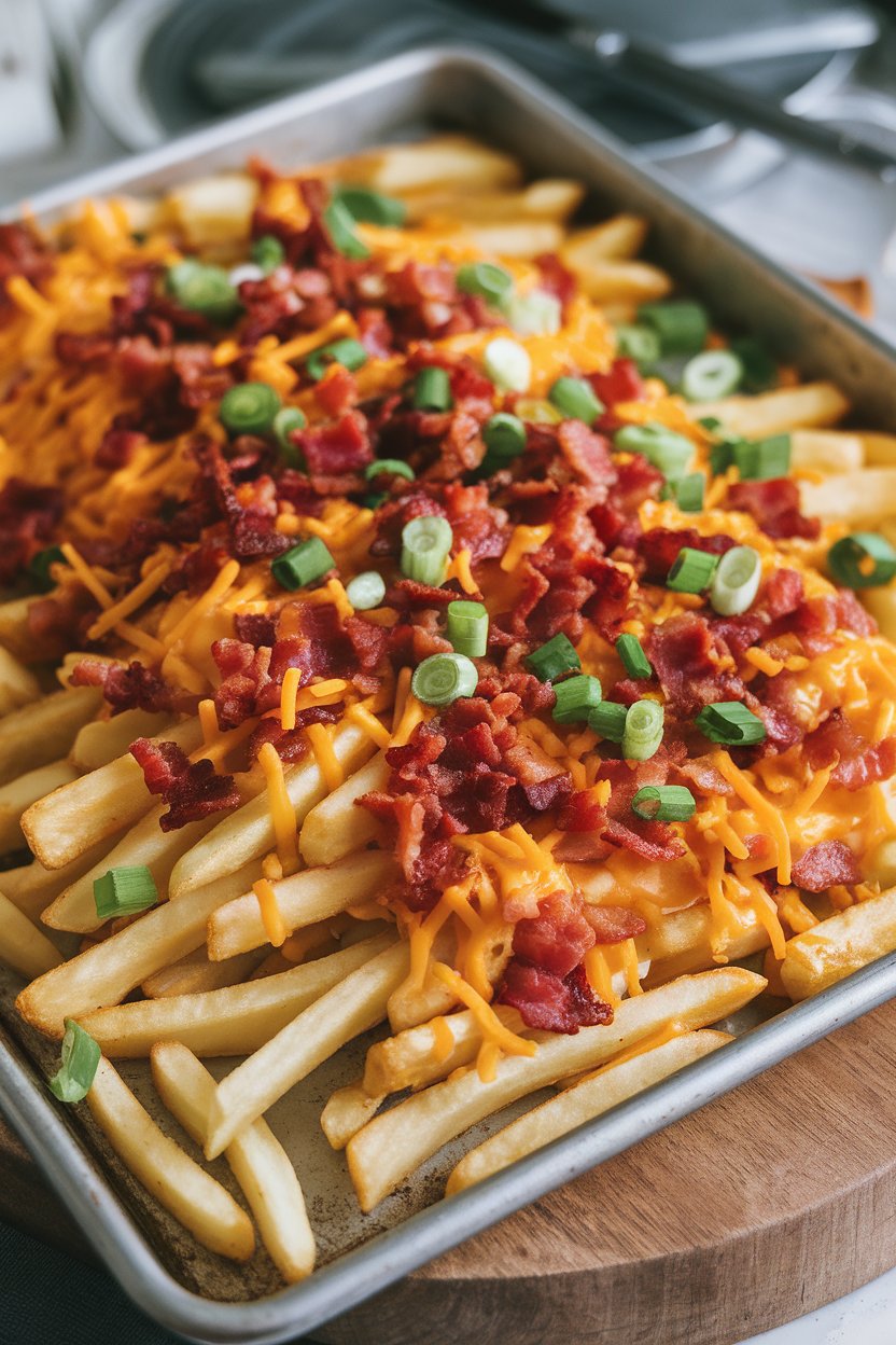 Indoor baking sheet of loaded French fries topped with melted cheddar, crumbled bacon, and green onions, no text or logos. Photo only.