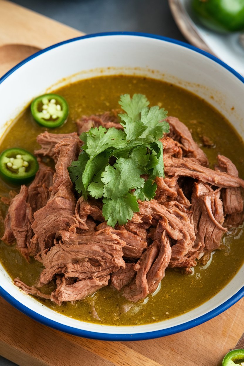Indoor bowl of shredded beef in green tomatillo sauce, cilantro leaves floating on top. No text or logos.