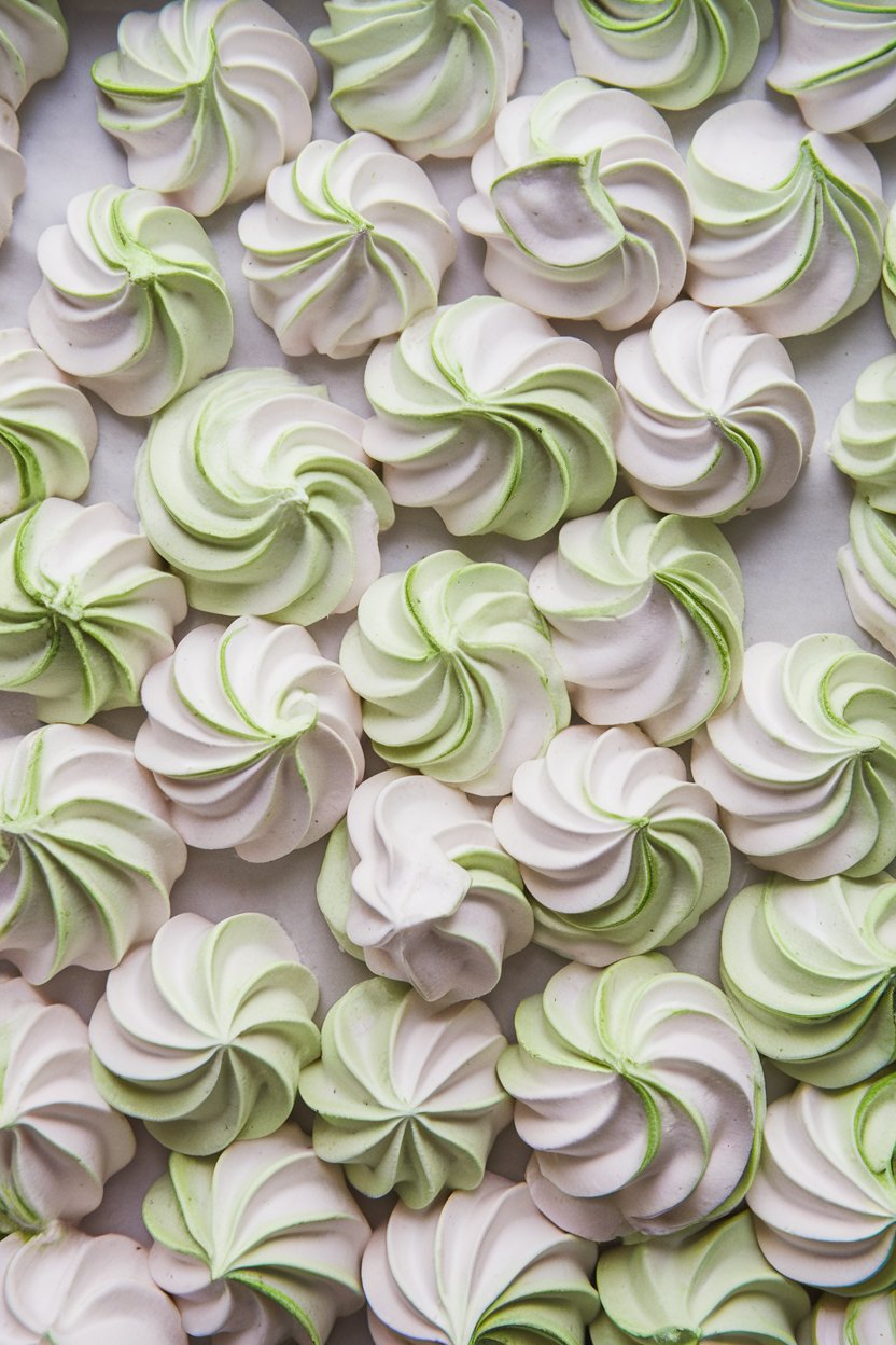 An indoor baking sheet of crisp white meringues streaked with pale green mint swirls, no text or logos. Photo only.
