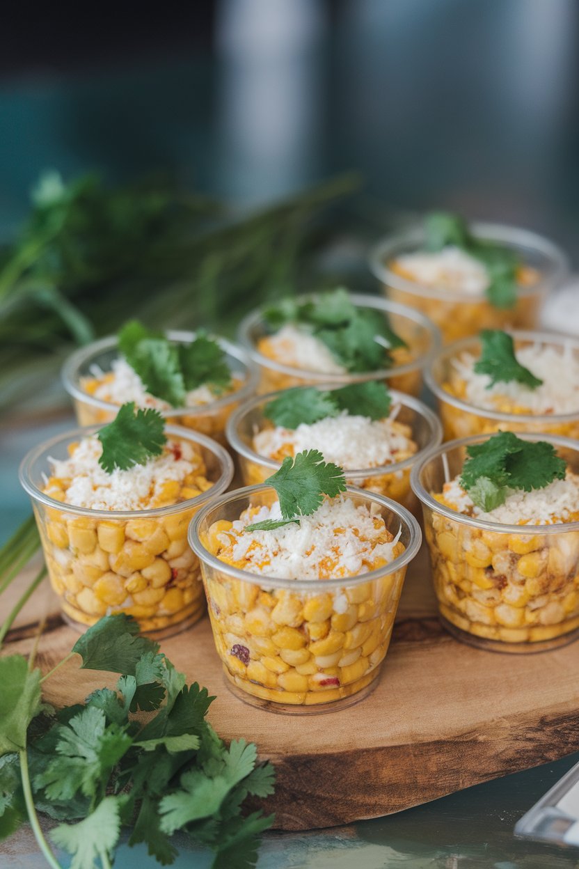 Indoor photo of small clear cups filled with Mexican street corn salad topped with cotija and cilantro. No text or logos.
