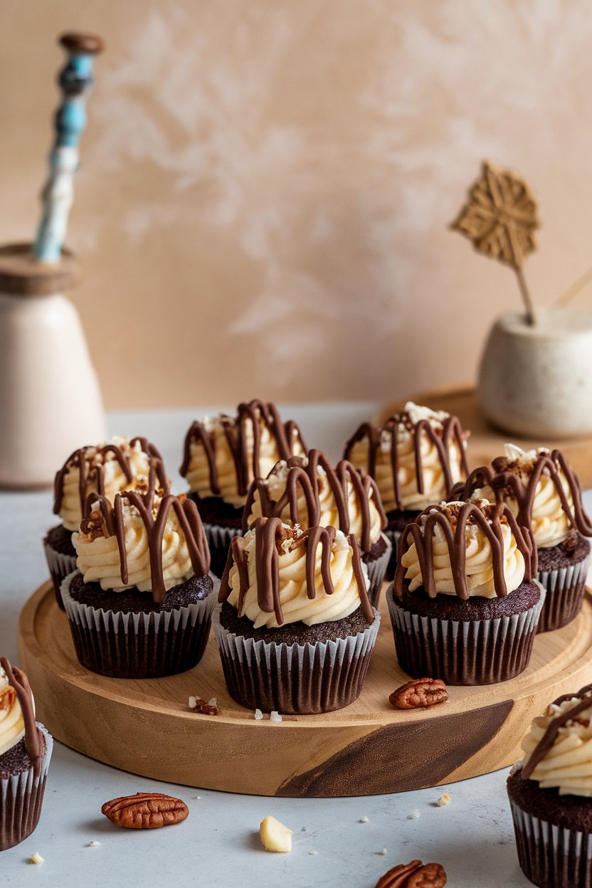 Indoor photo of chocolate cupcakes crowned with coconut-pecan frosting and a drizzle of melted chocolate, set on a wooden board. No text or logos.