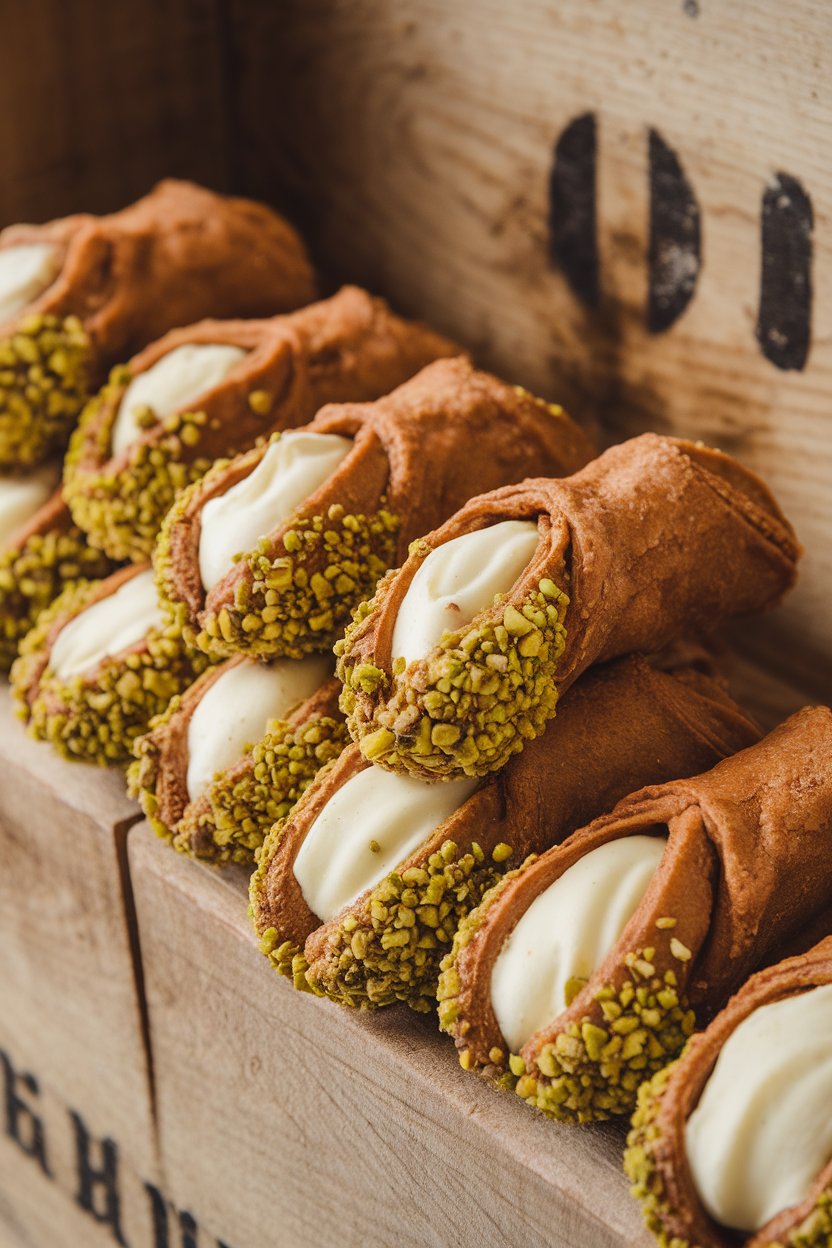 A classic indoor pastry display showing cannoli ends dipped in crushed pistachios, creamy filling peeking out of crisp shells. No text or logos.