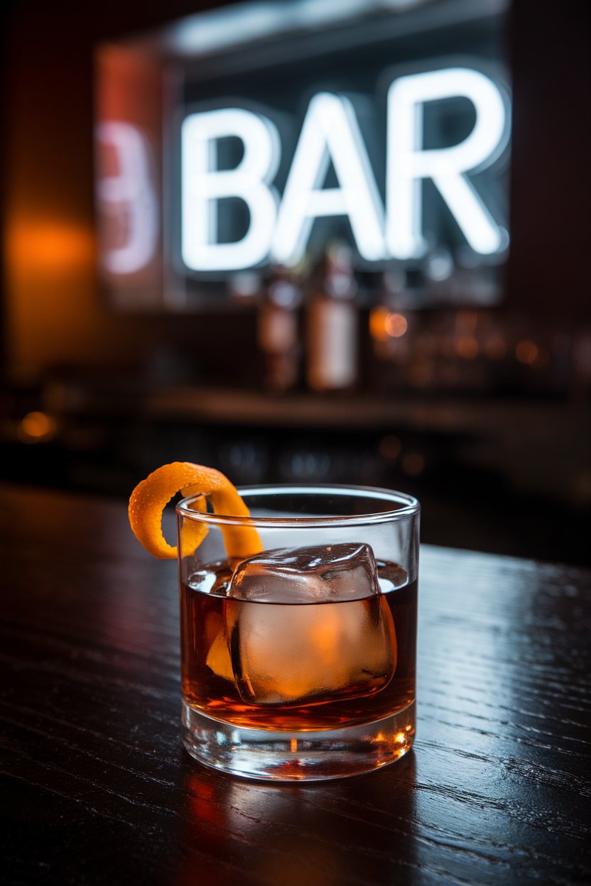Dimly lit indoor bar scene with a rocks glass of deep amber bourbon, large ice cube, and orange peel twist; photo, no logos or text.