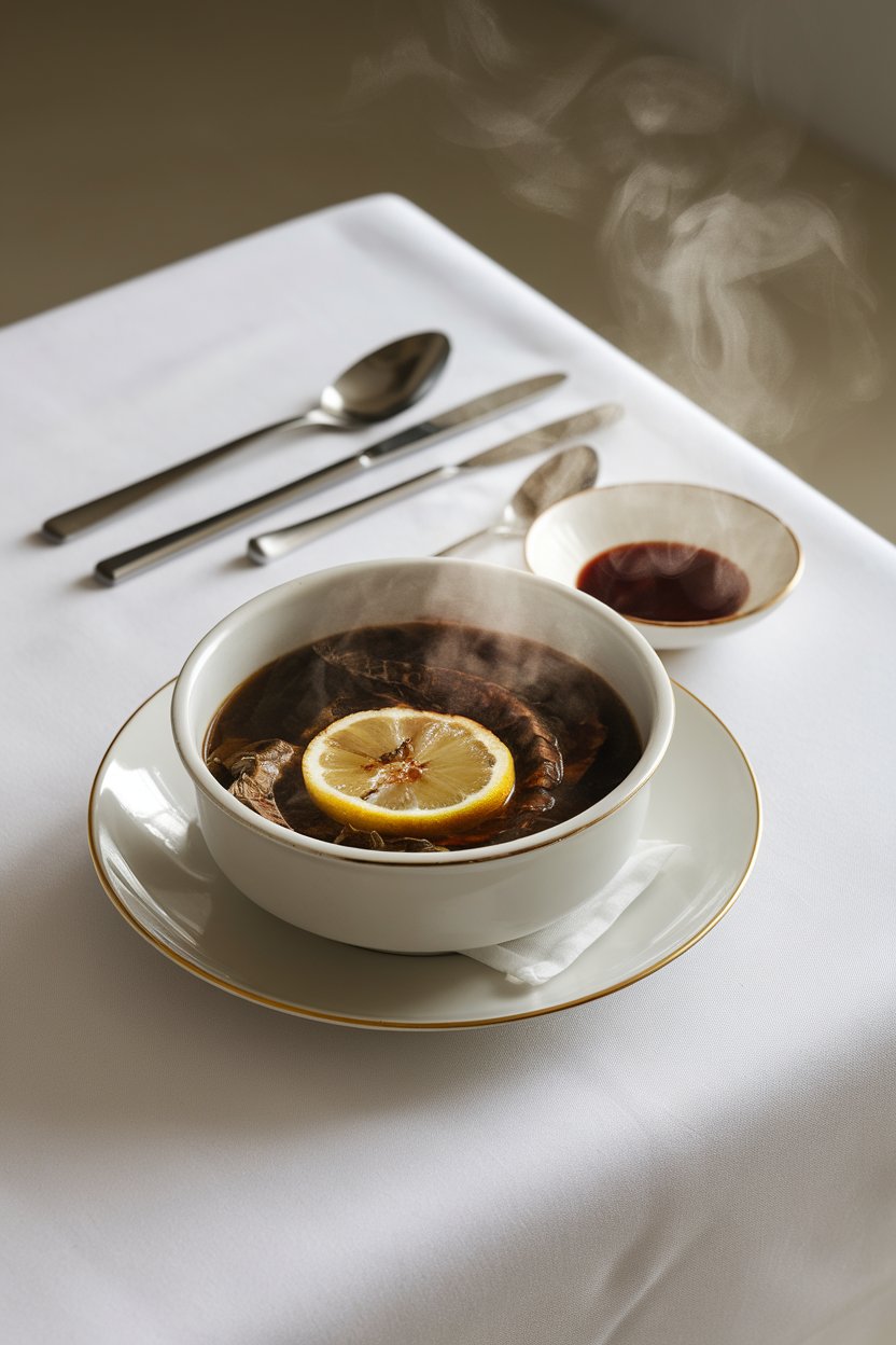 An indoor white tablecloth setting with a steaming bowl of dark turtle soup garnished with a lemon wheel and sherry on the side. No text or logos. Photo.