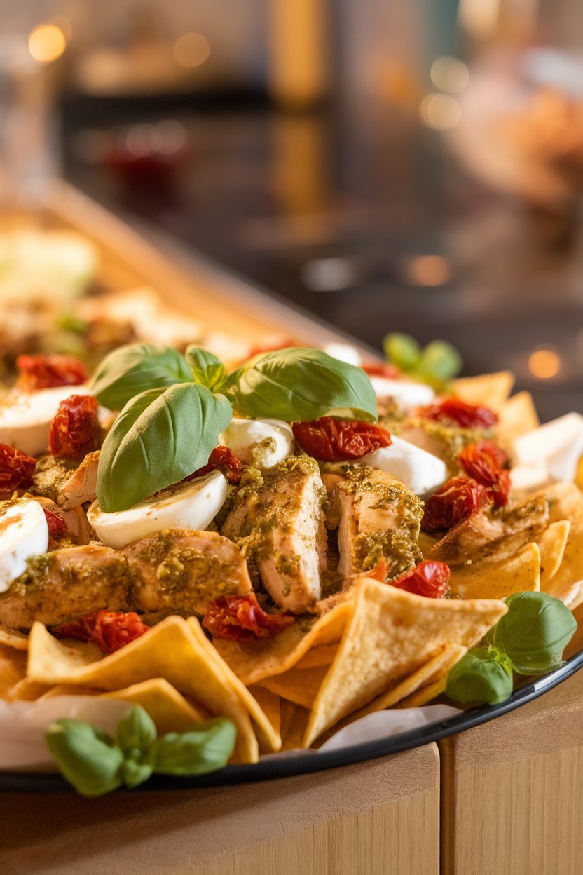 Indoor counter with nachos topped with pesto-coated chicken, mozzarella, and sun-dried tomatoes; no text or logos, photo not illustration.