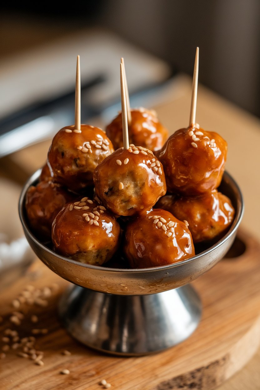 A warm indoor serving bowl of glazed cocktail meatballs with toothpicks, sauce glistening; photo only, no text or logos.