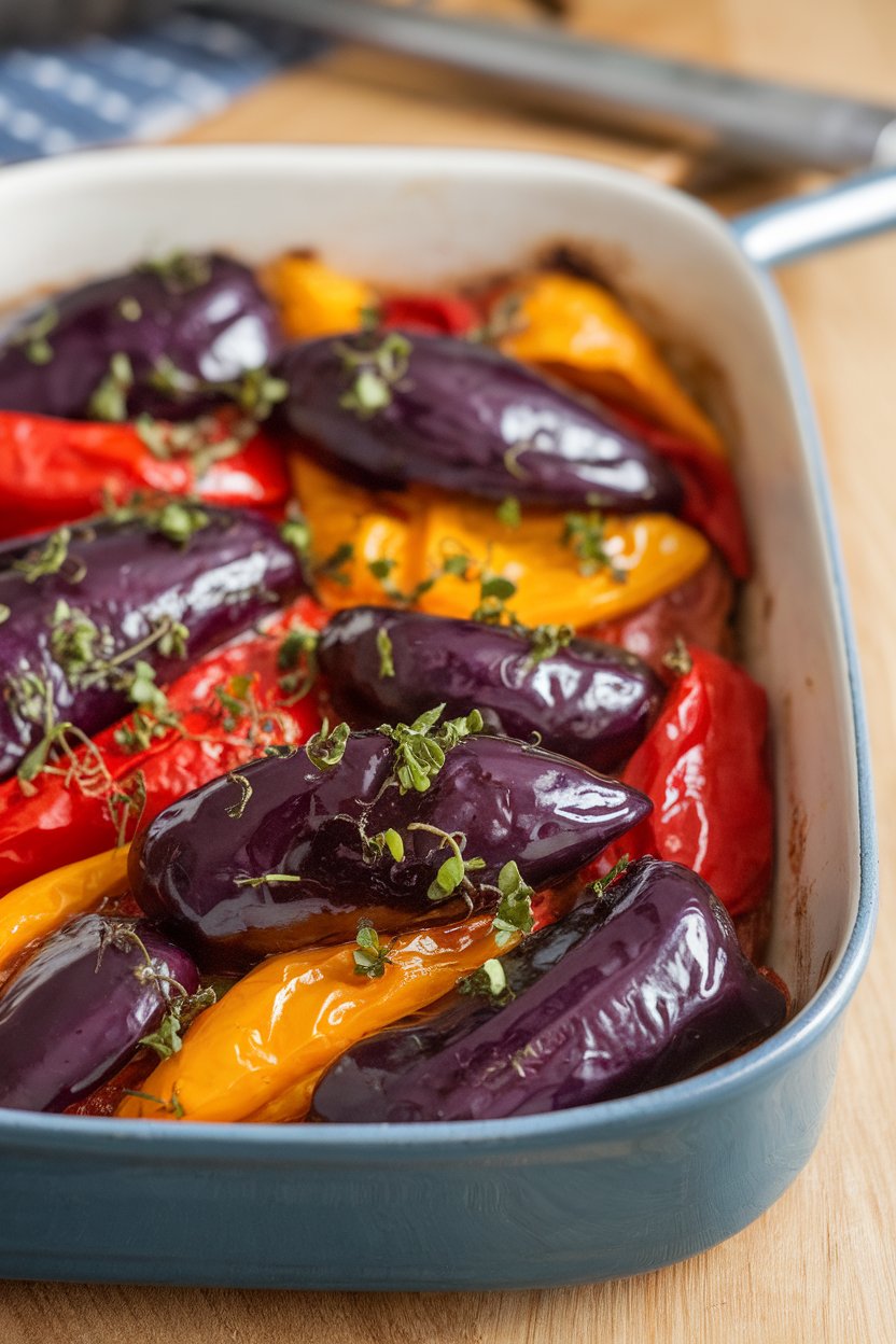 An indoor baking dish of roasted bell peppers filled with glossy eggplant caponata, herb garnish sprinkled. No text or logos. Photo.