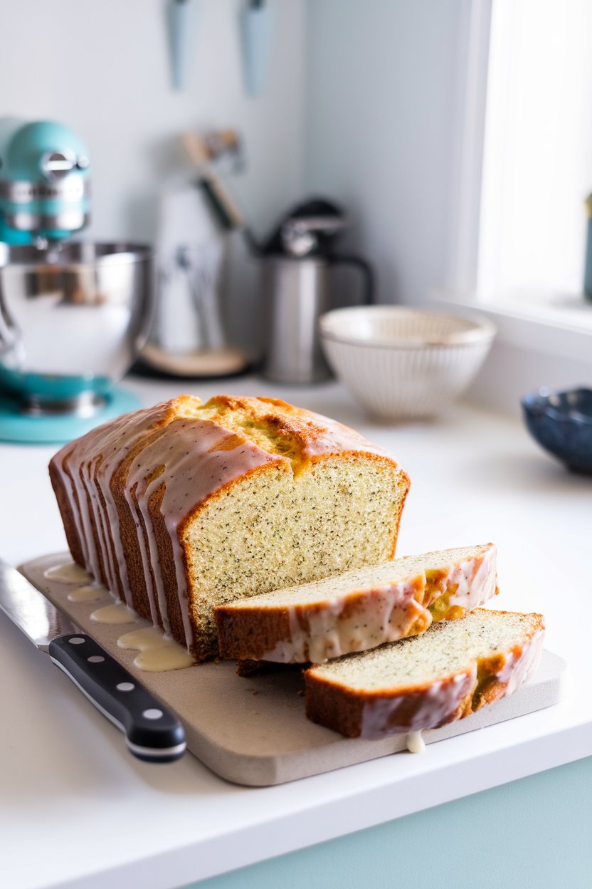 A bright indoor kitchen counter with a sliced lime poppy seed loaf on a ceramic board, glaze dripping down the sides. No text or logos.