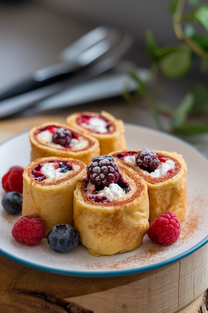 An indoor plate holding rolled French toast pieces filled with cottage cheese and berries, lightly dusted with cinnamon. No text or logos. Photo, not illustration.