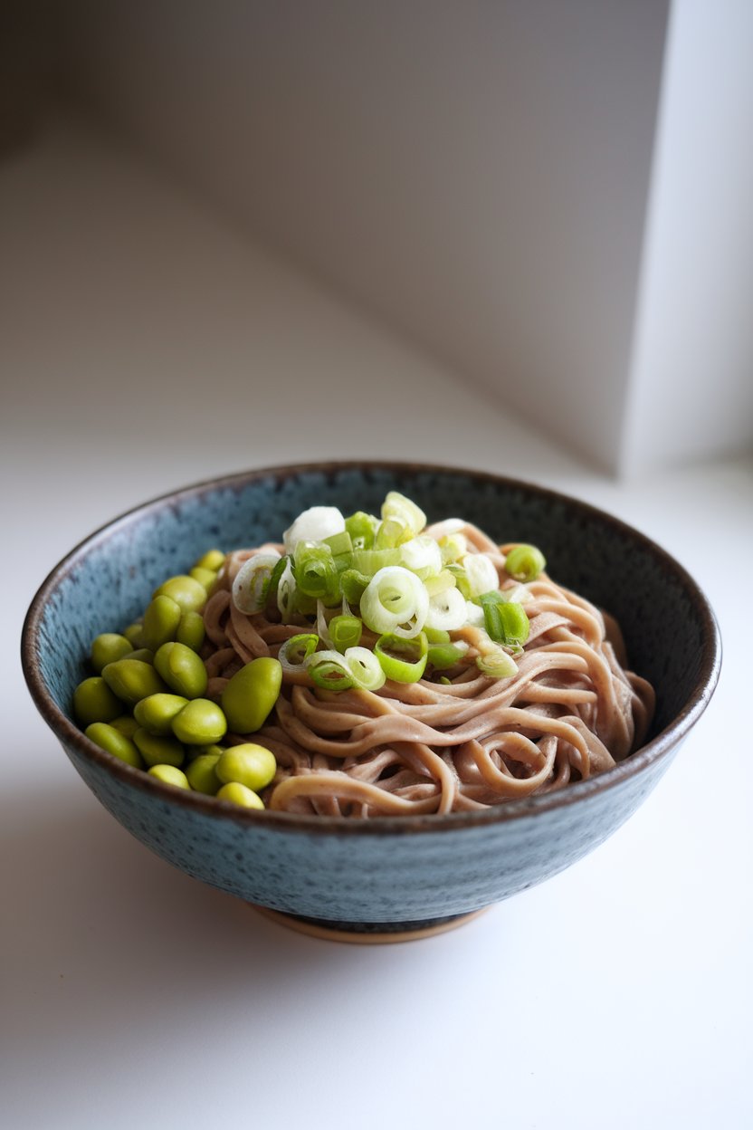An indoor bowl of buckwheat soba noodles lightly coated in sesame ginger dressing, topped with edamame and sliced scallions. No text or logos. Photo.