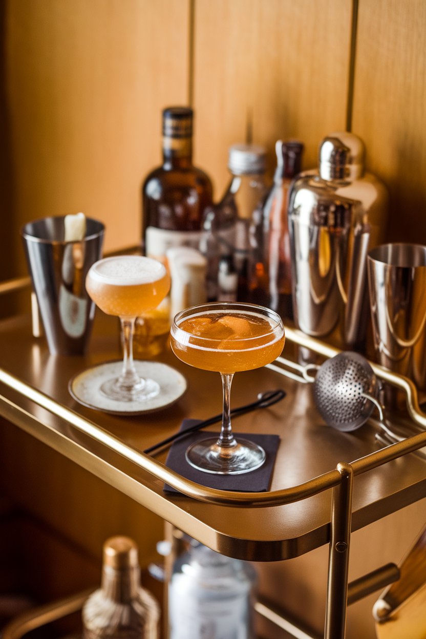 Indoor bar cart with a coupe holding golden pear shrub, vanilla bean beside, bubbly top. No text or logos.