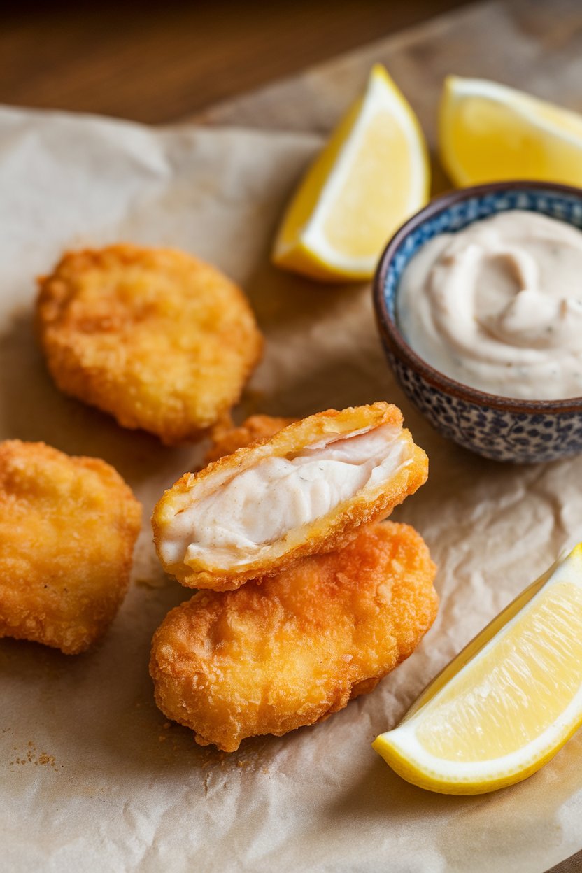 Indoor photo of crispy golden fish nuggets on parchment with lemon wedges and tartar sauce, no text or logos