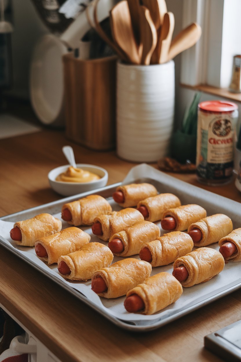 A cozy indoor kitchen counter photo featuring a baking sheet of golden crescent-wrapped mini hot dogs accompanied by a small bowl of mustard. No visible text or branding.