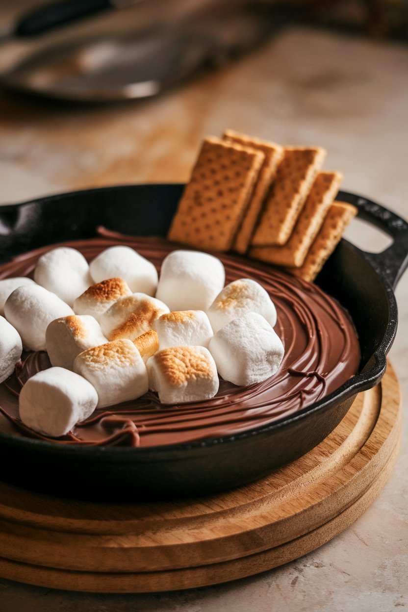 Indoor photo of a cast-iron skillet filled with melted chocolate and toasted marshmallows, served with graham crackers on the side. No text or logos.