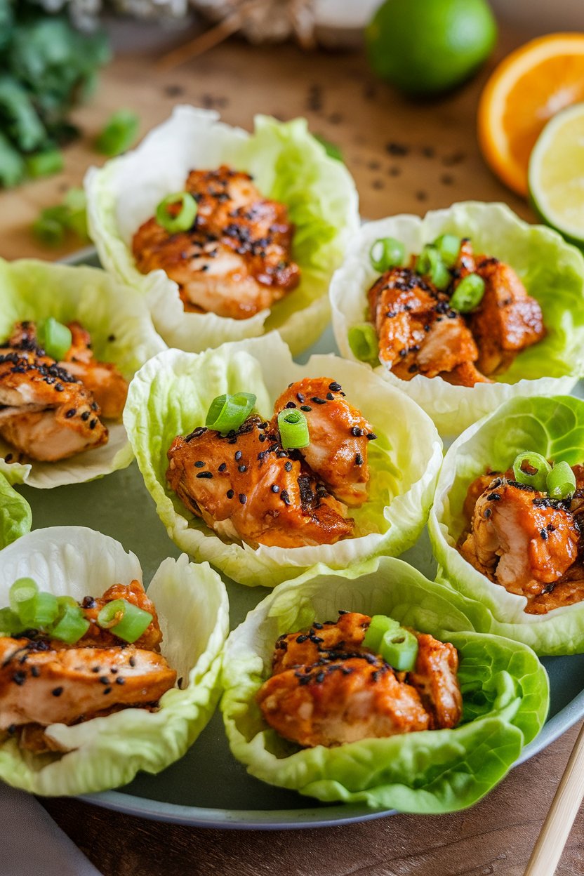 An indoor platter of iceberg lettuce cups filled with sesame-glazed chicken pieces, sprinkled with scallions and sesame seeds, no text or logos.
