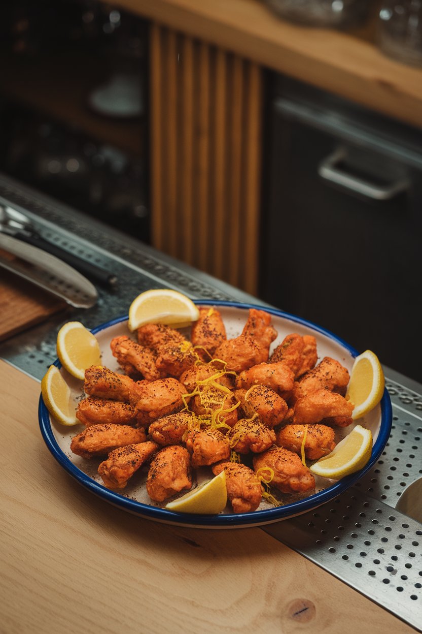 An indoor bar-style counter featuring a ceramic platter of wingettes dusted with cracked black pepper and lemon zest, thin lemon wedges scattered for garnish. Soft overhead lighting, no logos.