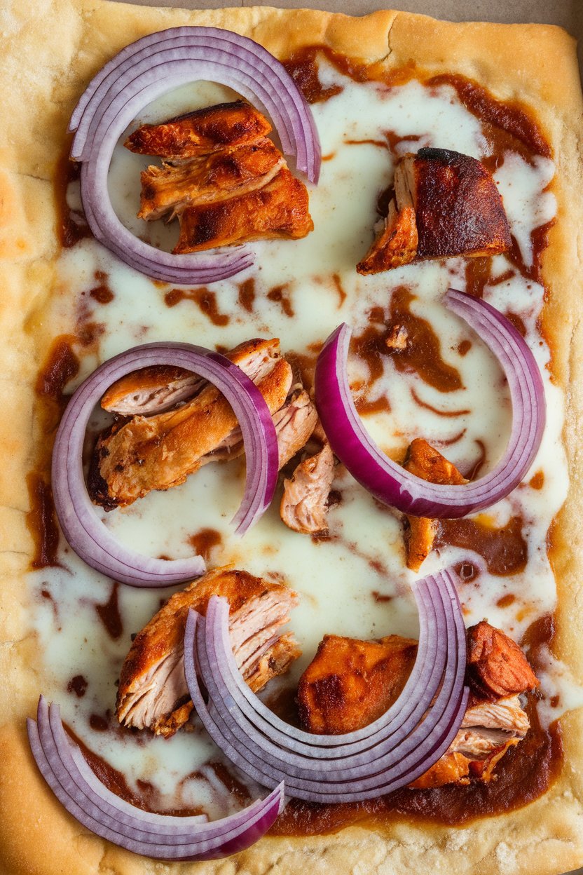 Indoor photo of flatbread with barbecue chicken, red onion, and melted cheese, no text or logos.