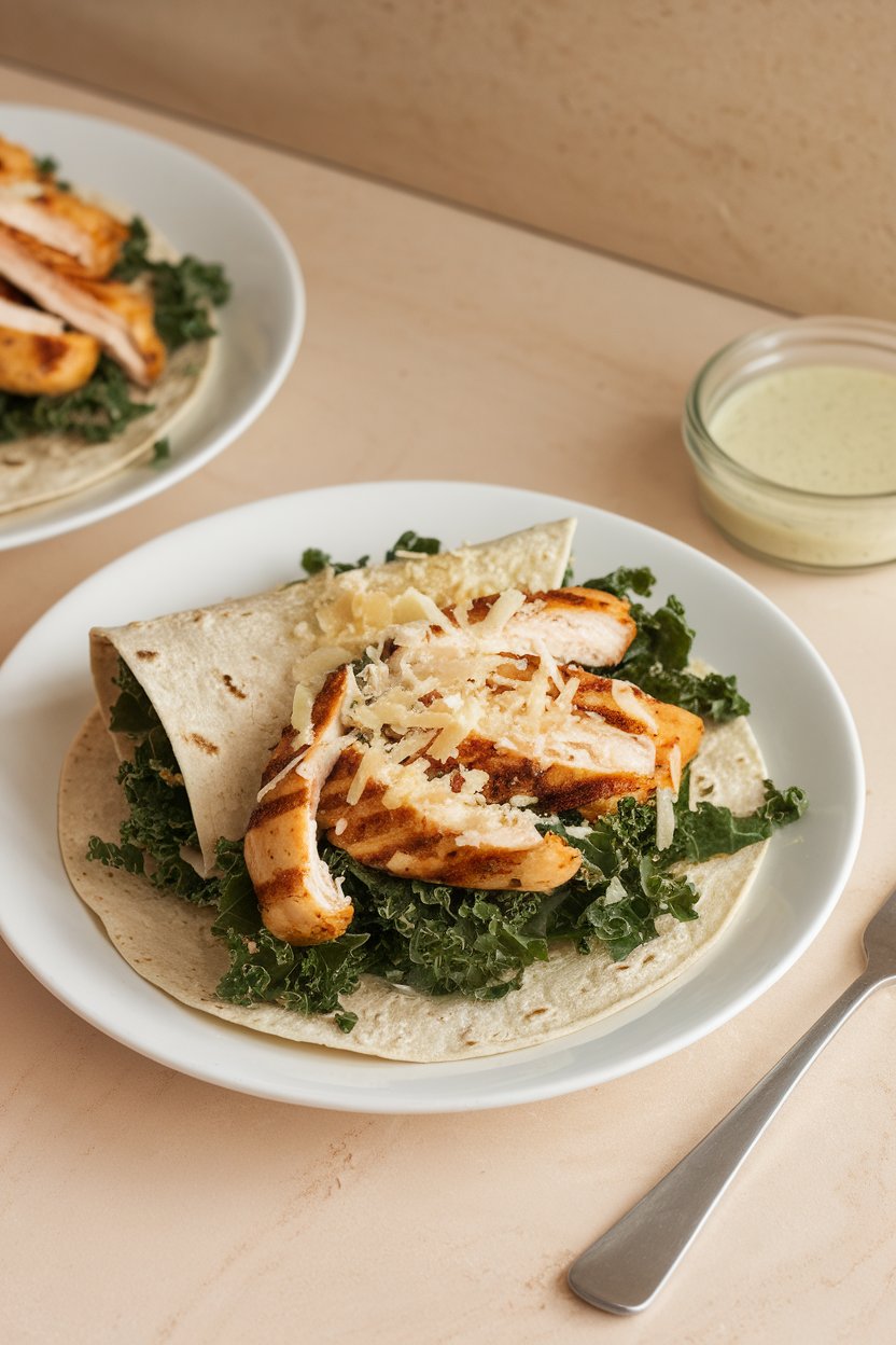 Indoor lunch table showcasing a whole-grain tortilla wrapped around grilled chicken strips, shredded kale, grated Parmesan, and a light Caesar dressing. No text or logos on dishware.