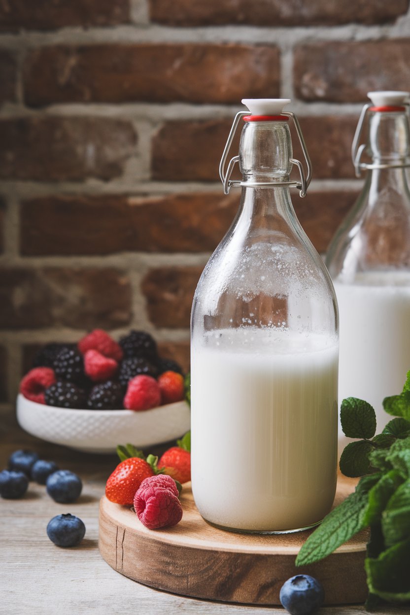 Indoor fermentation station with clear swing-top bottle of lightly carbonated kefir, berries nearby, no text or logos.