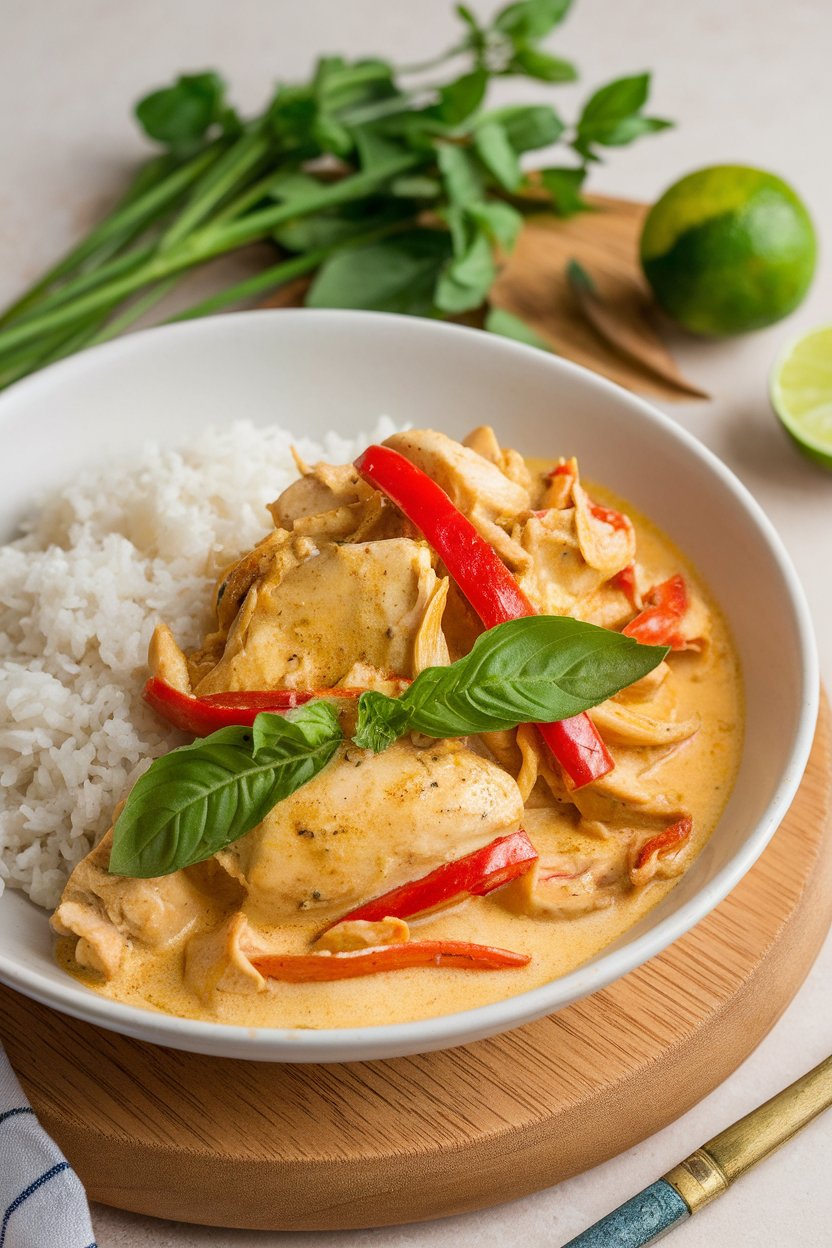 An indoor bowl of creamy coconut curry chicken with red bell peppers and basil leaves, jasmine rice on side; photo only, no text or logos.