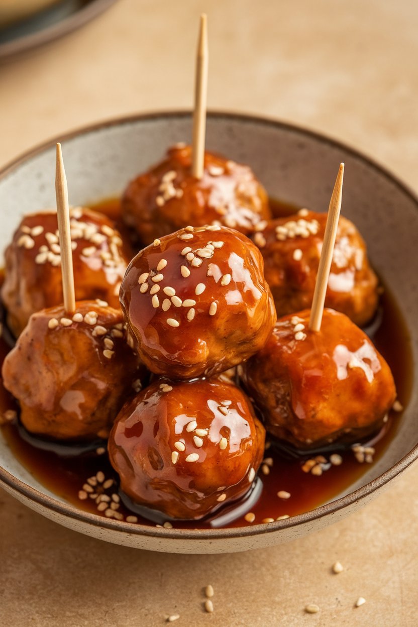 Indoor photo of glazed teriyaki meatballs in a shallow bowl, sesame seeds sprinkled on top, toothpicks inserted for easy grabbing. No logos in frame.
