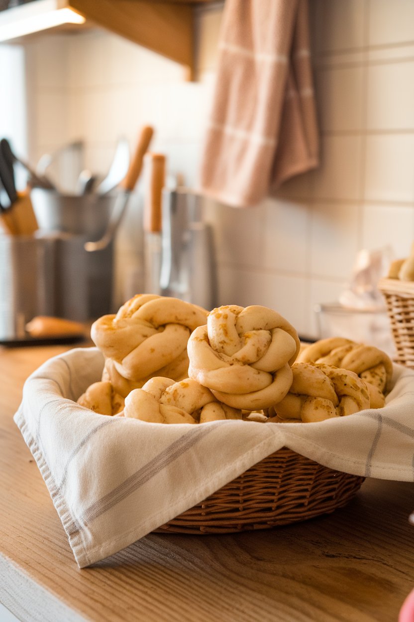 Indoor bakery-style counter showing a basket lined with a cloth napkin holding golden pizza-dough knots brushed with parmesan-garlic butter. No text or logos.
