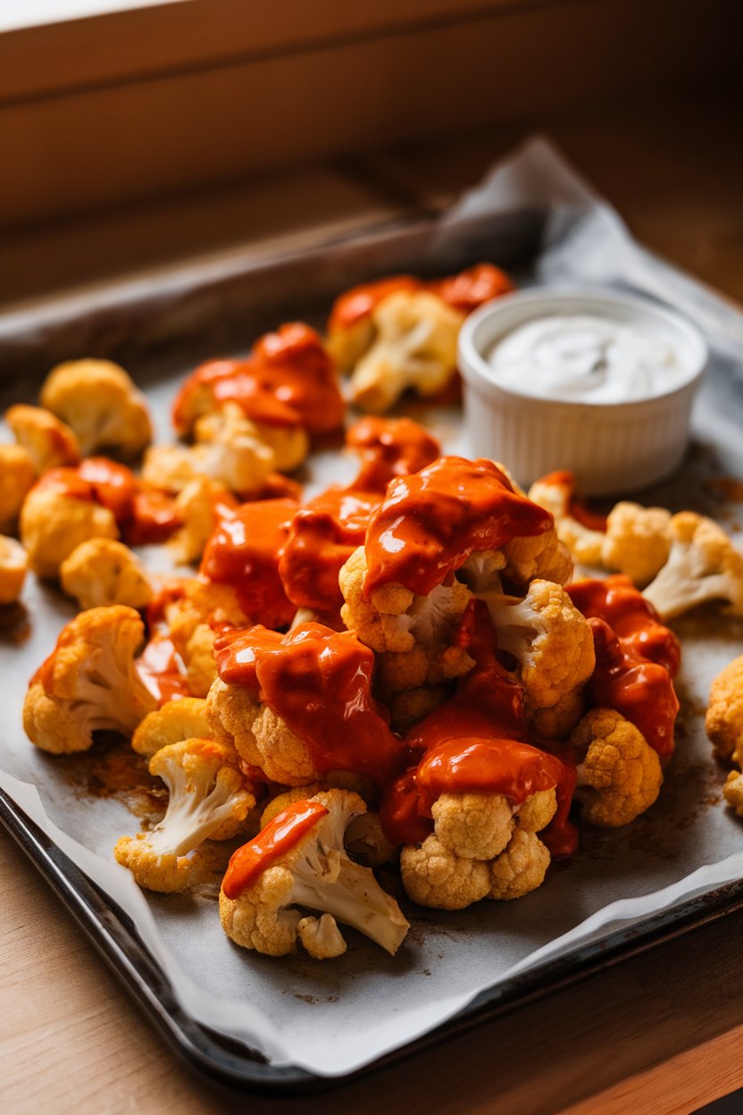 Indoor photo of a parchment-lined baking sheet piled with golden baked cauliflower florets coated in a glossy buffalo sauce, a side ramekin of Greek-yogurt ranch nearby. Warm kitchen lighting, no text or logos anywhere in frame.