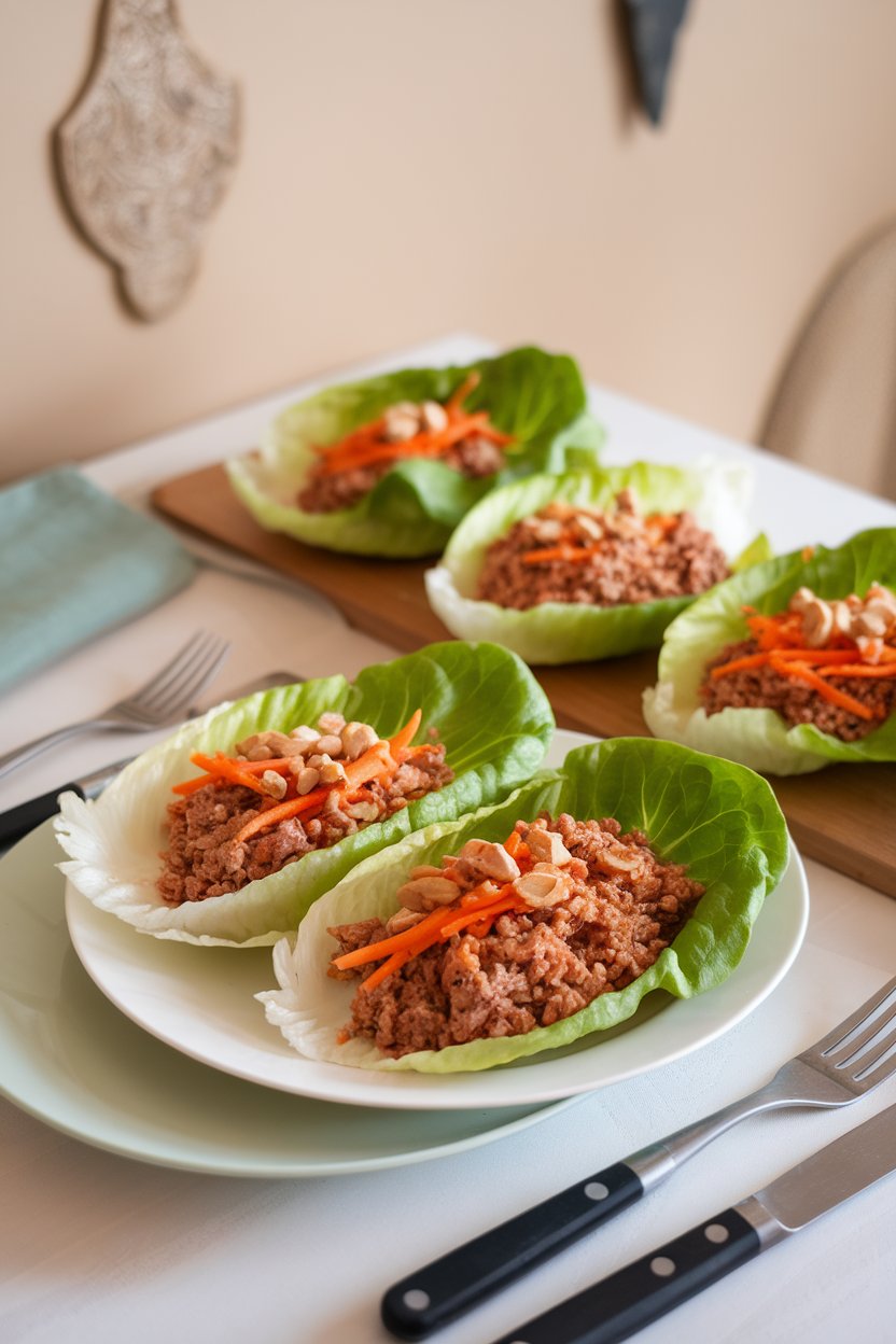 An indoor dinner table showing butter lettuce leaves filled with seasoned ground turkey, shredded carrots, and chopped peanuts; no text or logos. Photo only.