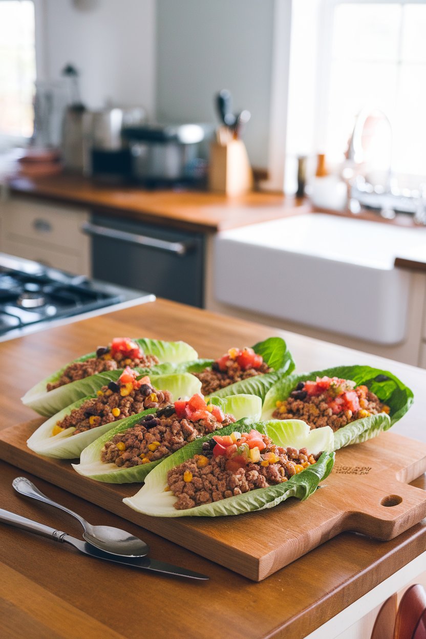 A kitchen island indoors displaying romaine leaves filled with seasoned ground turkey, black beans, corn, and pico de gallo. No text or logos in view.