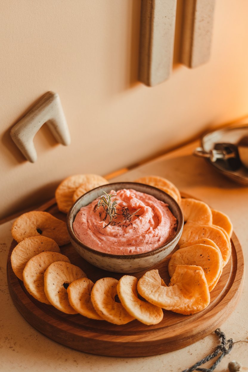Indoor photo of creamy pink smoked salmon dip in a small bowl, surrounded by bagel chips, no text or logos.