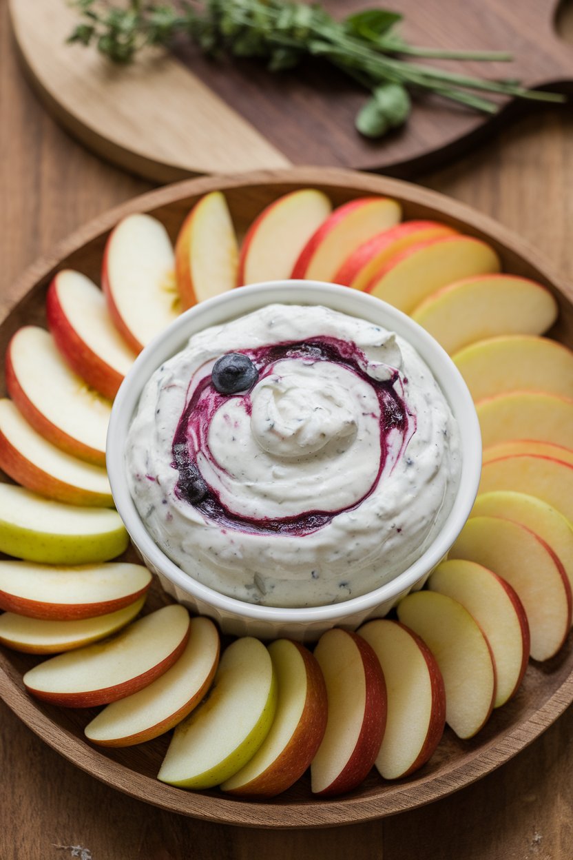 Indoor serving bowl of creamy dip with blueberry swirl, surrounded by apple slices. No logos or text; photo only.