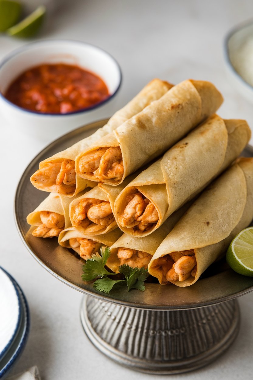 An indoor serving platter with tightly rolled chicken taquitos, ends lightly browned, a bowl of salsa roja alongside. No visible text or logos.