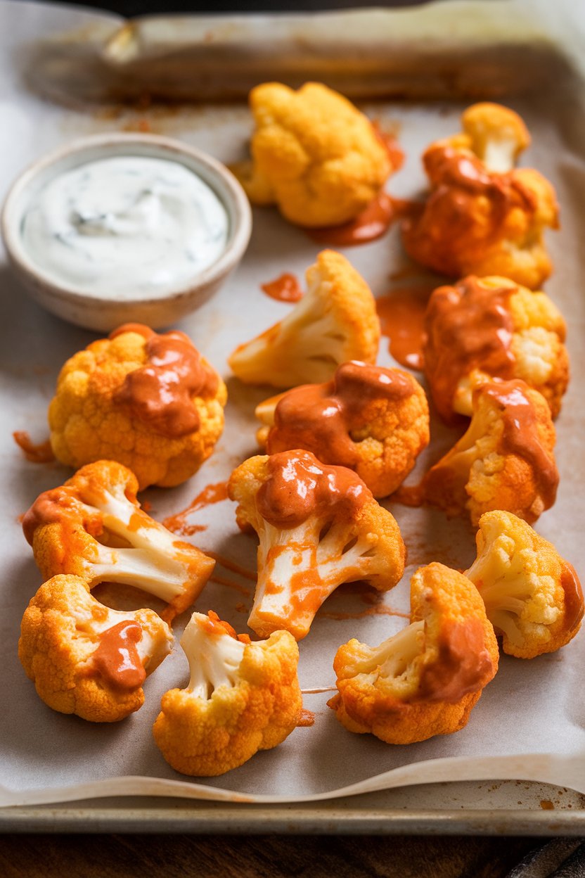 Indoor photo of buffalo-sauced cauliflower florets on a parchment-lined tray with ranch dip nearby. No text or logos present.