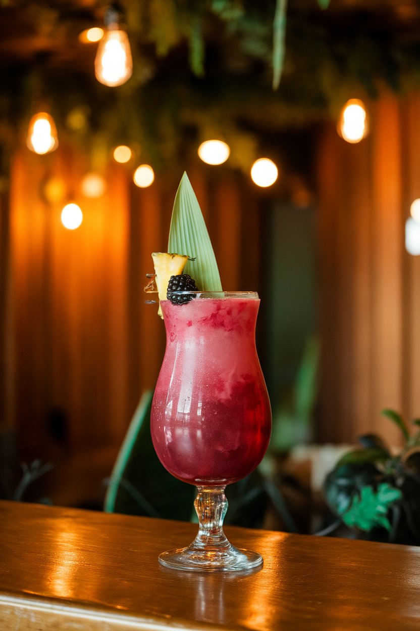 Photo of a curvy hurricane glass indoors filled with magenta-hued cocktail, blackberry and pineapple leaf garnish, warm tiki-bar glow, no text or logos