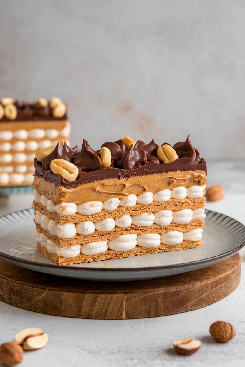 Photo of a slice of layered peanut butter chocolate dacquoise on an indoor dessert plate, nutty meringue layers visible. No text or logos.