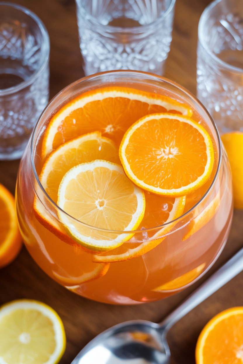 Indoor punch bowl of sparkling citrus punch with floating orange and lemon slices, ladle resting on the side, no text or logos. Photo only.