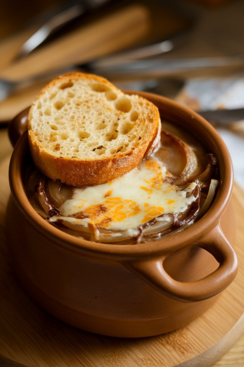 Warm indoor image of a crock-style bowl of French onion soup, melted Gruyère blanketing toasted bread that sits atop caramelized onion broth. No text or logos. Photo.