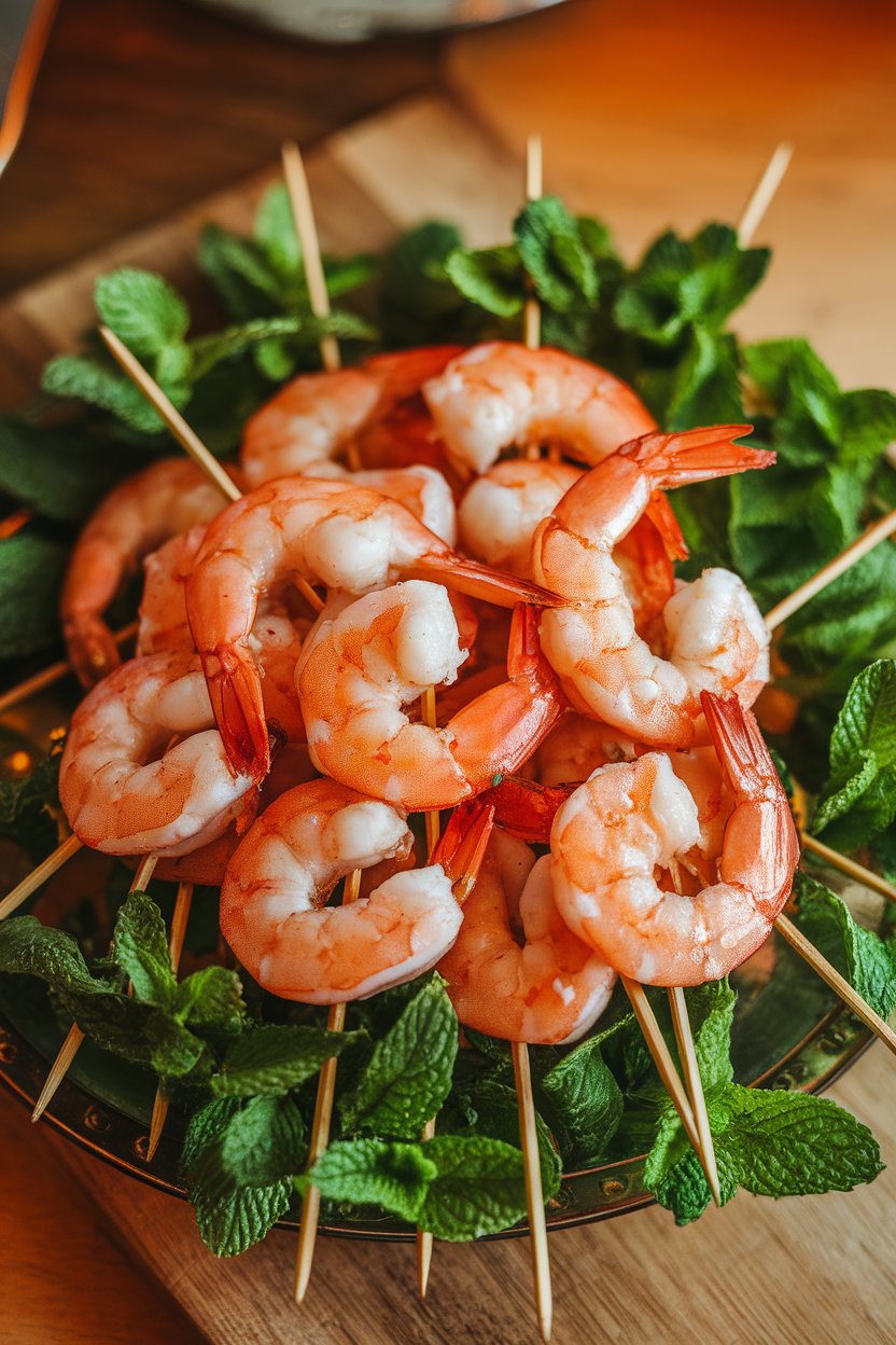 Indoor platter of cooked lime-glazed shrimp on mini skewers, mint garnish, no text or logos