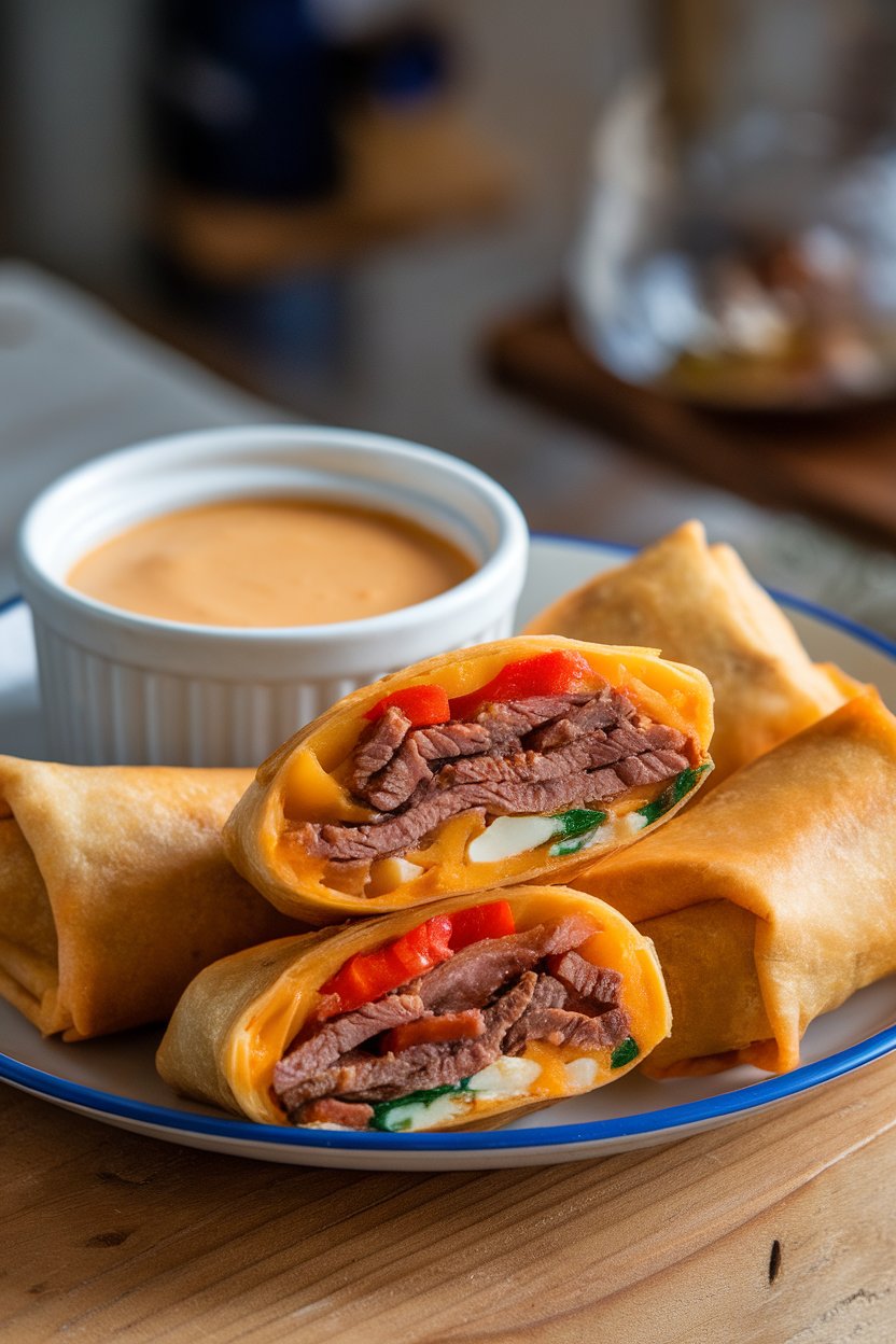 An indoor plate of halved egg rolls showing steak, peppers, and cheese filling, cheese sauce in a ramekin beside them. No logos or text.
