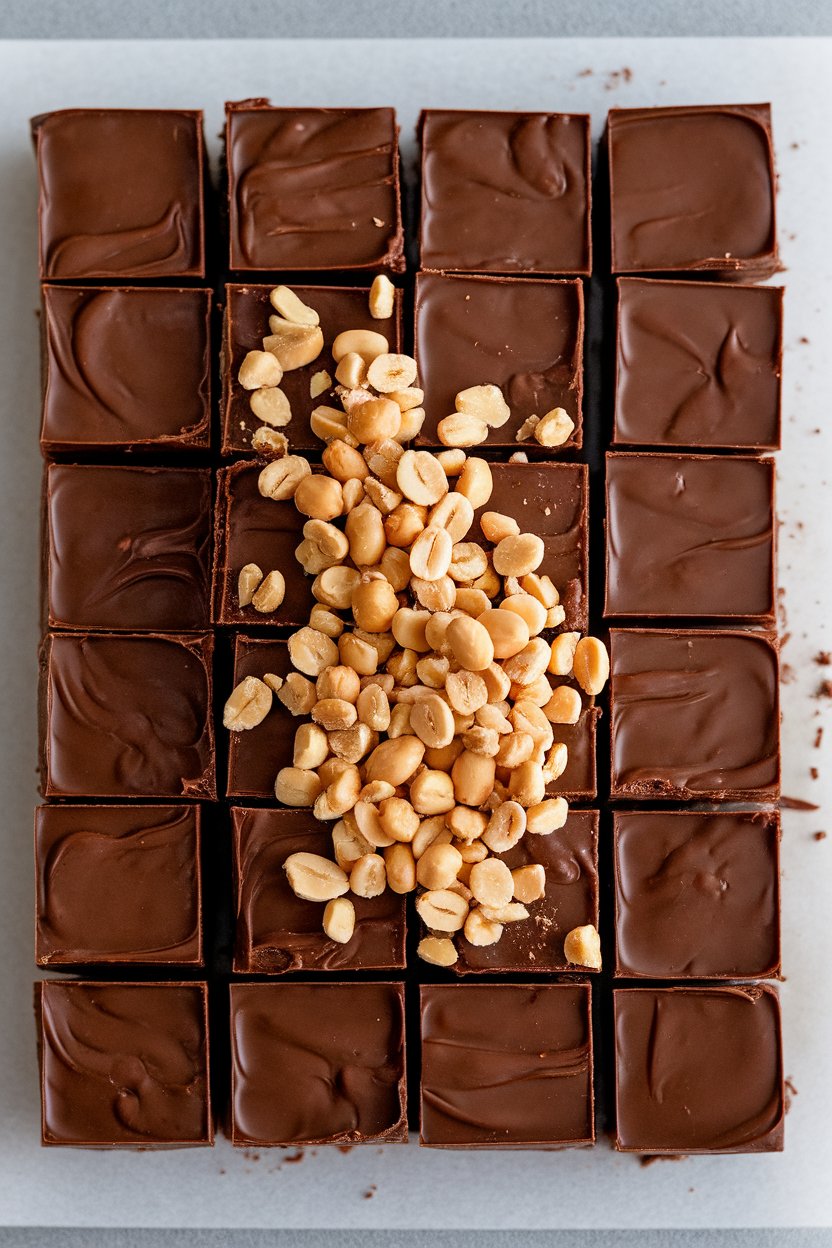 Indoor cutting board with neat squares of dense chocolate fudge, peanut topping scattered lightly. No logos or text; photo only.